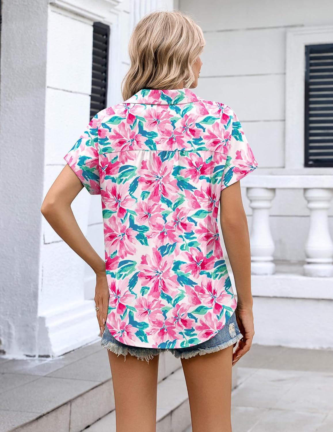 imageZeagoo Womens Button Down Shirt Short Sleeve Blouse V Neck Dressy Casual Business Work Tops with Pocket SXXLPink Floral
