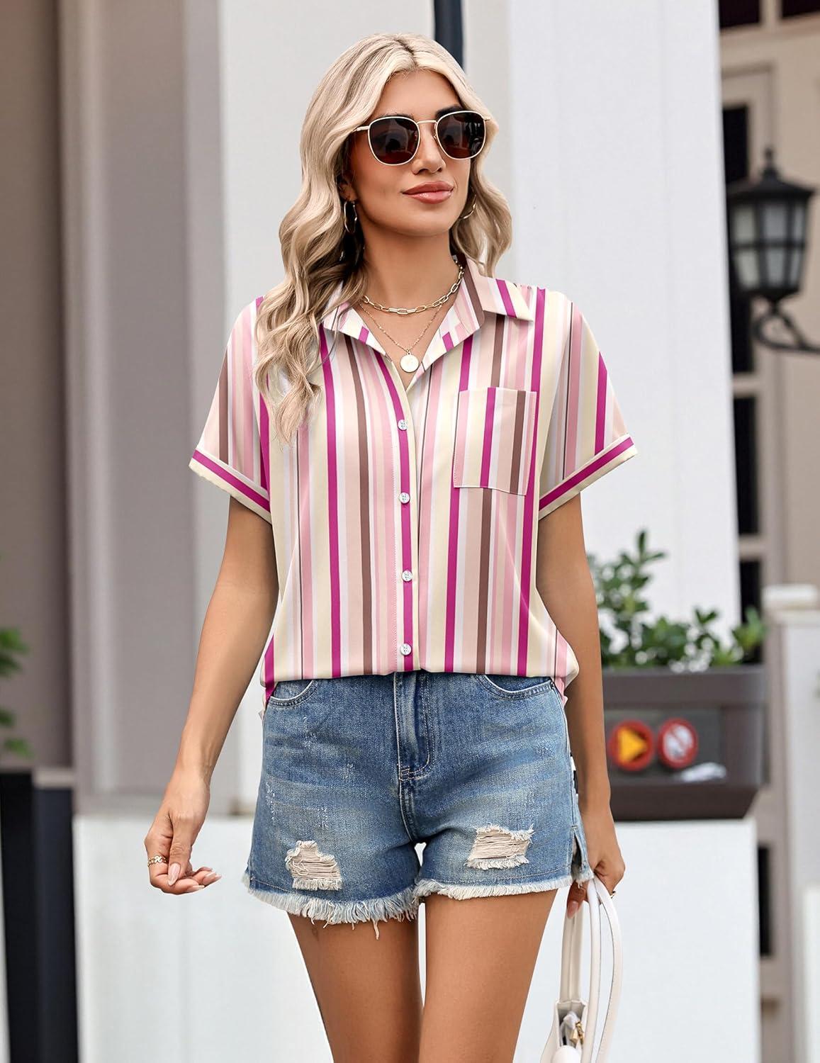 imageZeagoo Womens Button Down Shirt Short Sleeve Blouse V Neck Dressy Casual Business Work Tops with Pocket SXXLPink Stripes