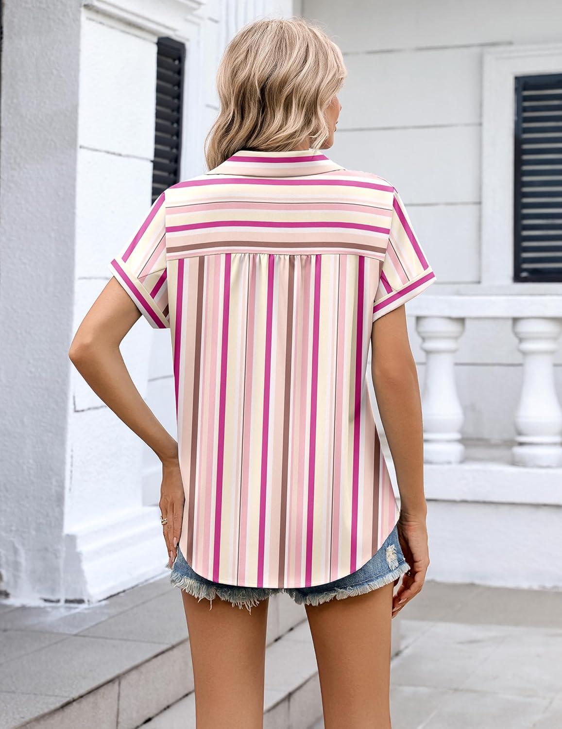 imageZeagoo Womens Button Down Shirt Short Sleeve Blouse V Neck Dressy Casual Business Work Tops with Pocket SXXLPink Stripes