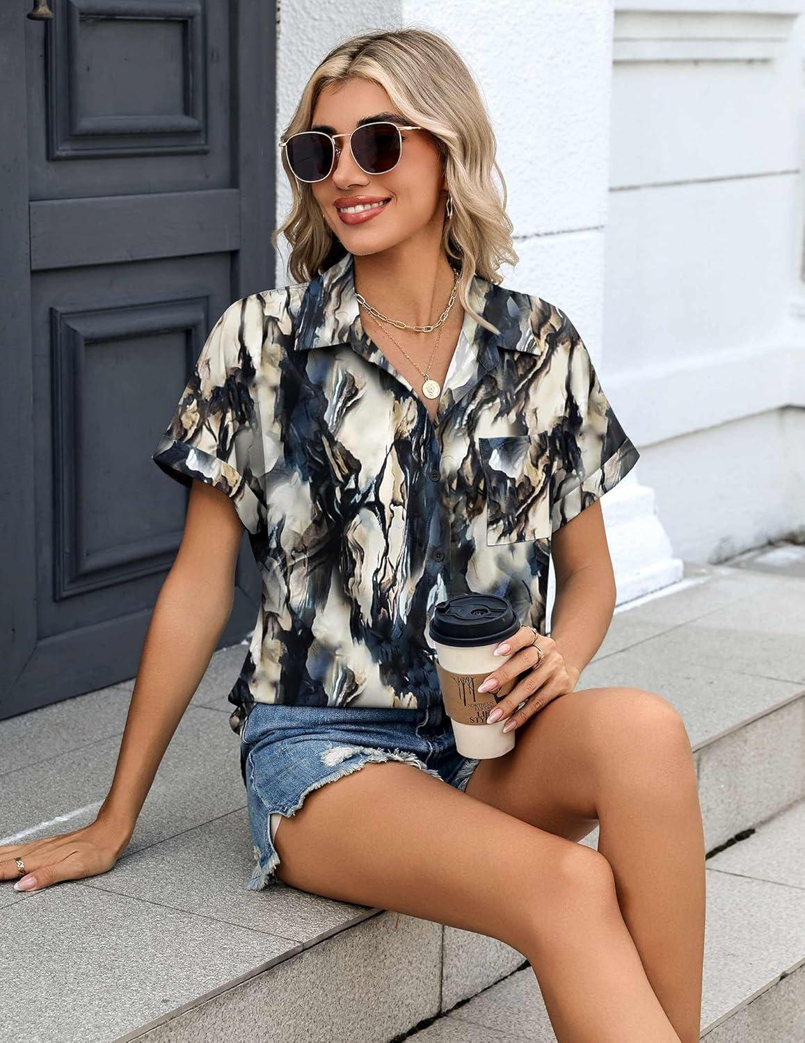 imageZeagoo Womens Button Down Shirt Short Sleeve Blouse V Neck Dressy Casual Business Work Tops with Pocket SXXLTie Dye