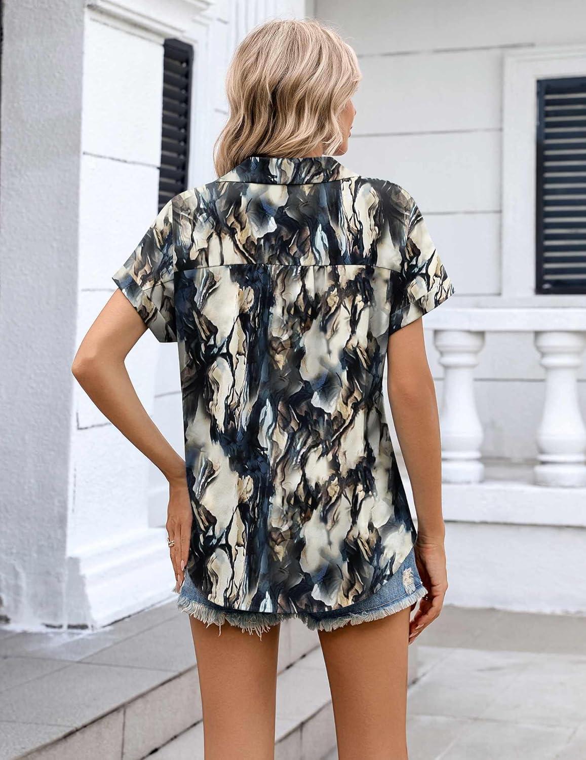 imageZeagoo Womens Button Down Shirt Short Sleeve Blouse V Neck Dressy Casual Business Work Tops with Pocket SXXLTie Dye