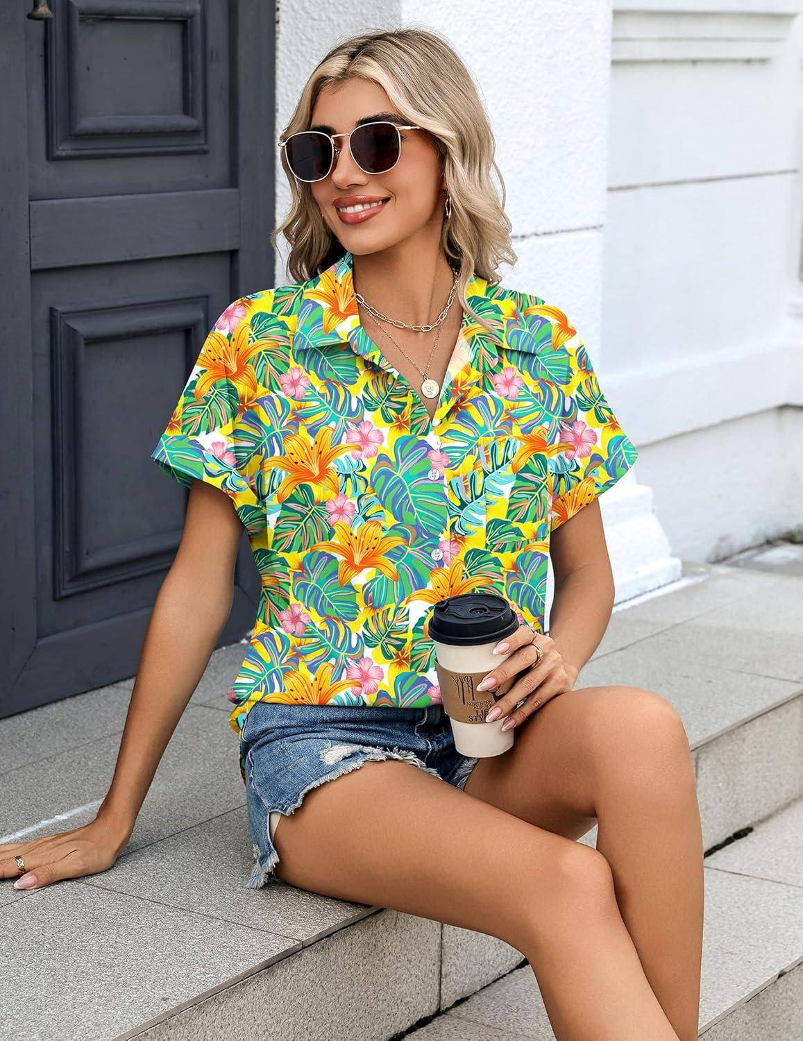 imageZeagoo Womens Button Down Shirt Short Sleeve Blouse V Neck Dressy Casual Business Work Tops with Pocket SXXLVibrant Tropical Plants