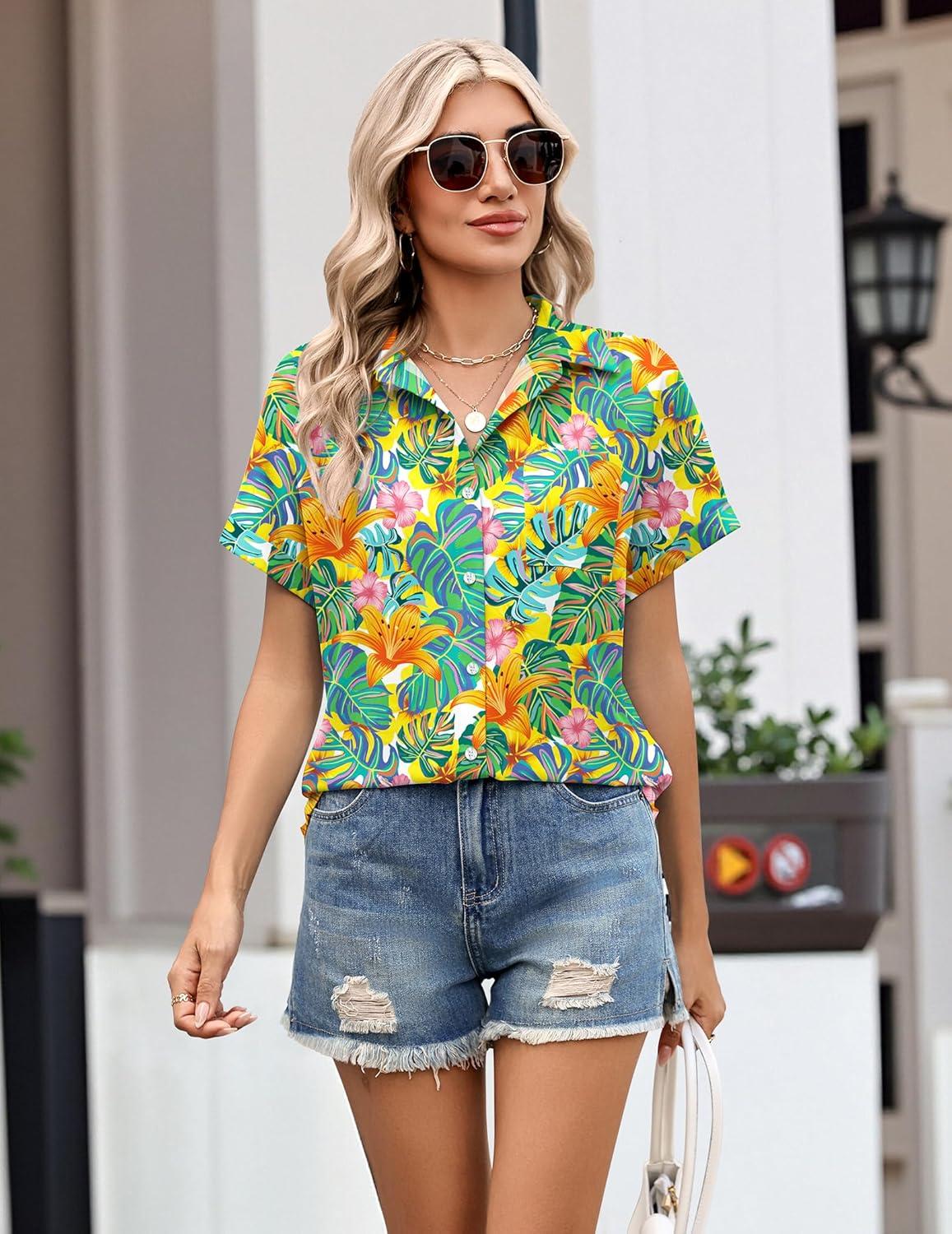 imageZeagoo Womens Button Down Shirt Short Sleeve Blouse V Neck Dressy Casual Business Work Tops with Pocket SXXLVibrant Tropical Plants