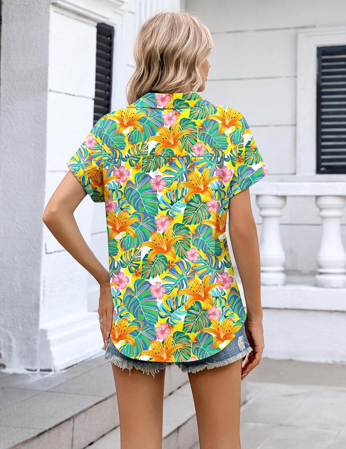 imageZeagoo Womens Button Down Shirt Short Sleeve Blouse V Neck Dressy Casual Business Work Tops with Pocket SXXLVibrant Tropical Plants