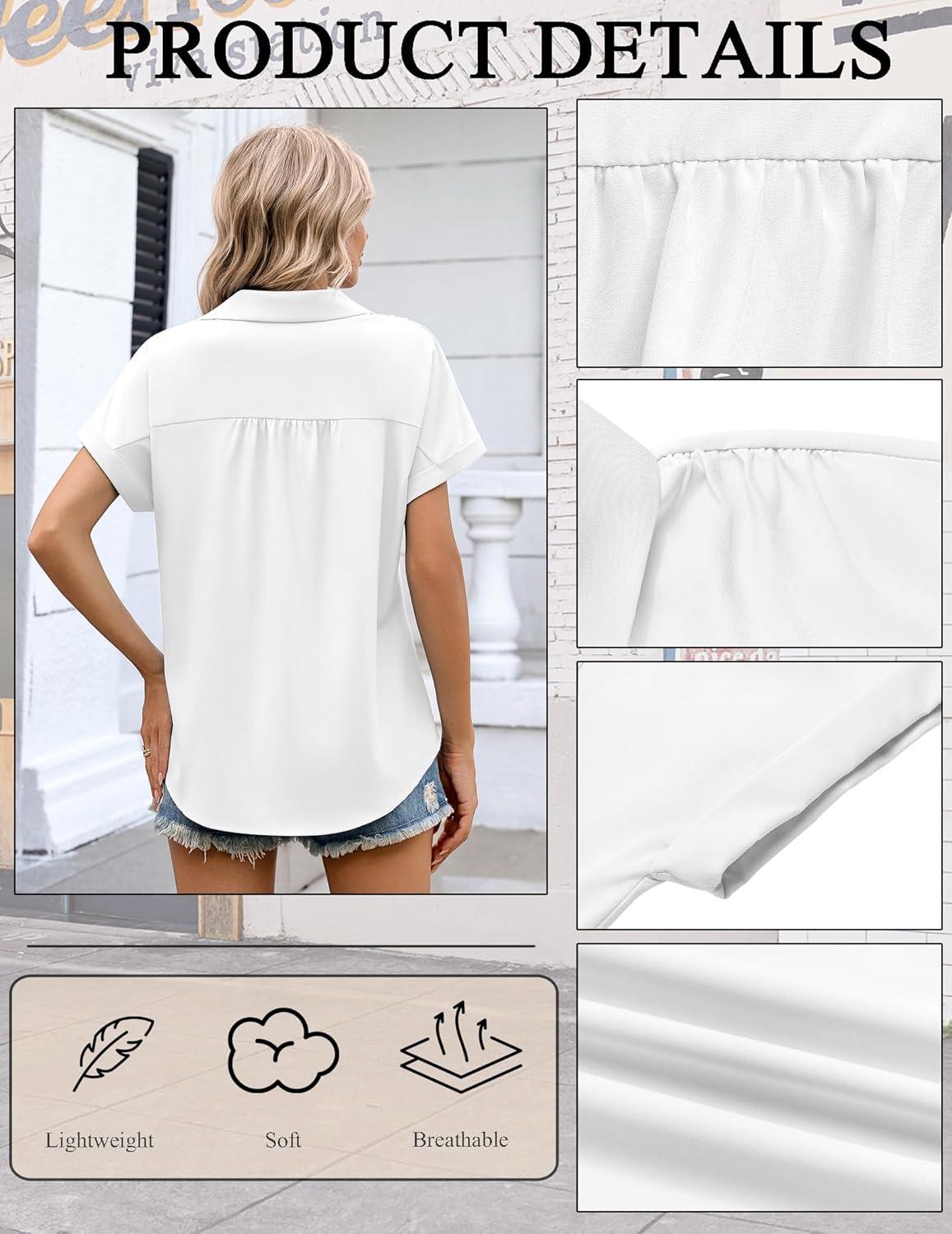 imageZeagoo Womens Button Down Shirt Short Sleeve Blouse V Neck Dressy Casual Business Work Tops with Pocket SXXLWhite