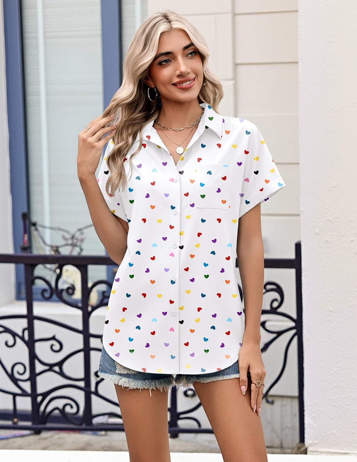 imageZeagoo Womens Button Down Shirt Short Sleeve Blouse V Neck Dressy Casual Business Work Tops with Pocket SXXLWhite Heart