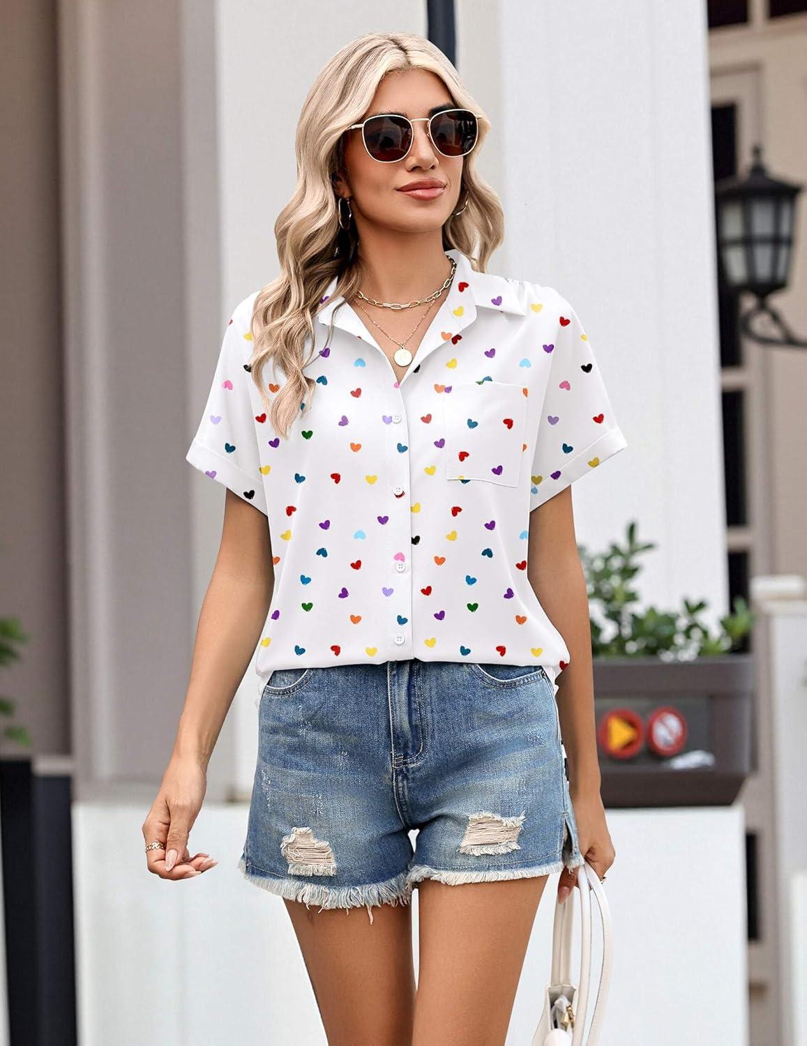 imageZeagoo Womens Button Down Shirt Short Sleeve Blouse V Neck Dressy Casual Business Work Tops with Pocket SXXLWhite Heart