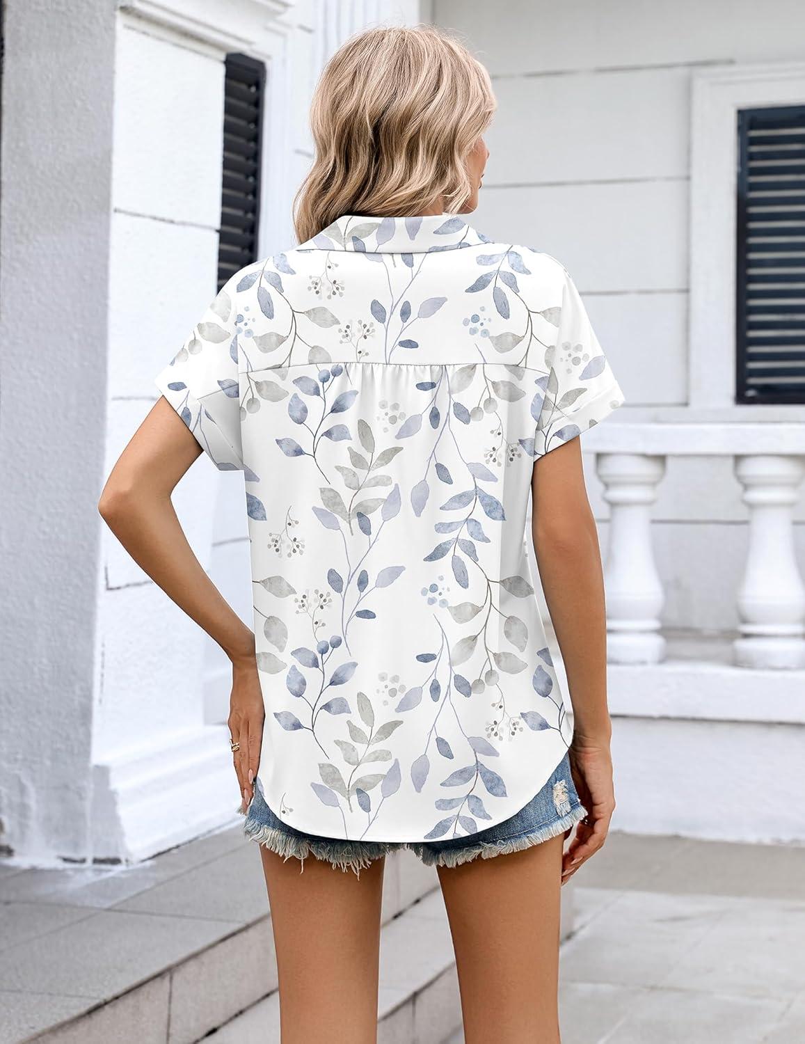 imageZeagoo Womens Button Down Shirt Short Sleeve Blouse V Neck Dressy Casual Business Work Tops with Pocket SXXLWhite Leaves