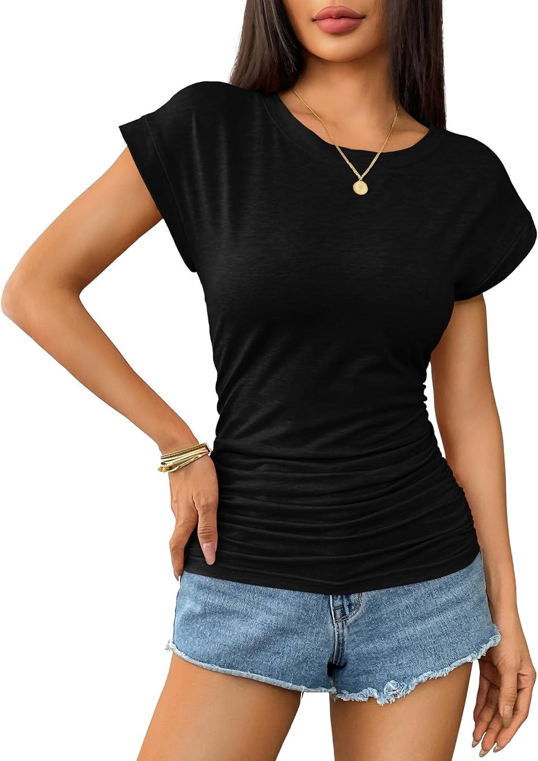 imageZeagoo Womens Cap Short Sleeve TShirts Ruched Crew Neck Trendy Fashion Tunic Blouse1black