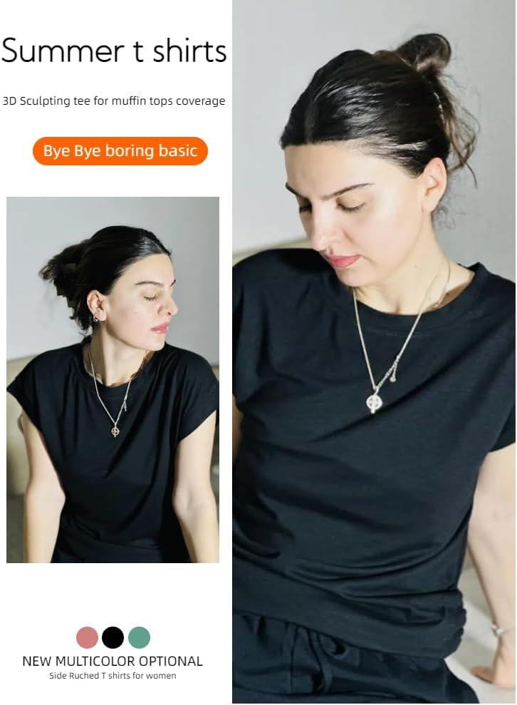 imageZeagoo Womens Cap Short Sleeve TShirts Ruched Crew Neck Trendy Fashion Tunic Blouse1black