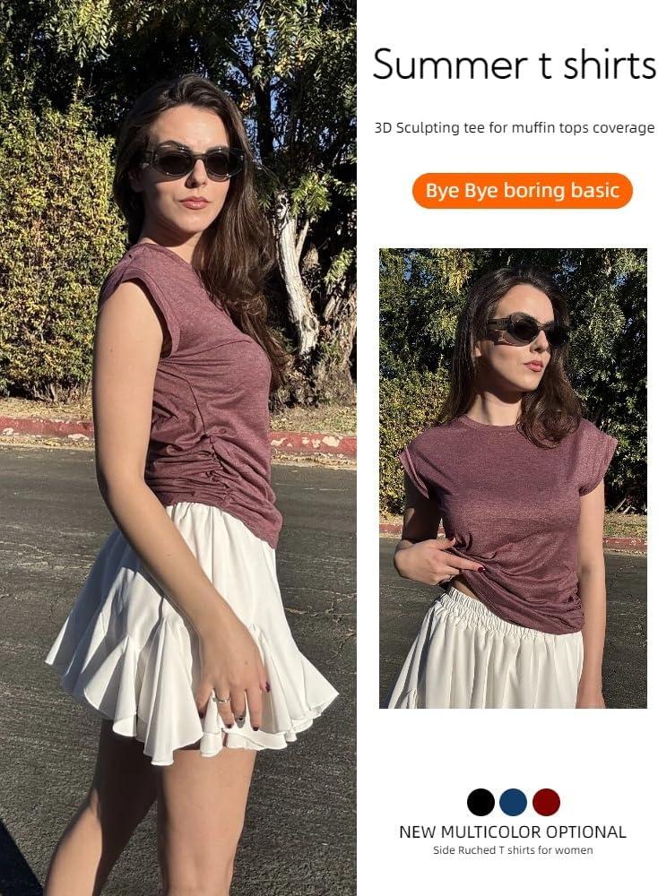 imageZeagoo Womens Cap Short Sleeve TShirts Ruched Crew Neck Trendy Fashion Tunic Blouse2dark Red