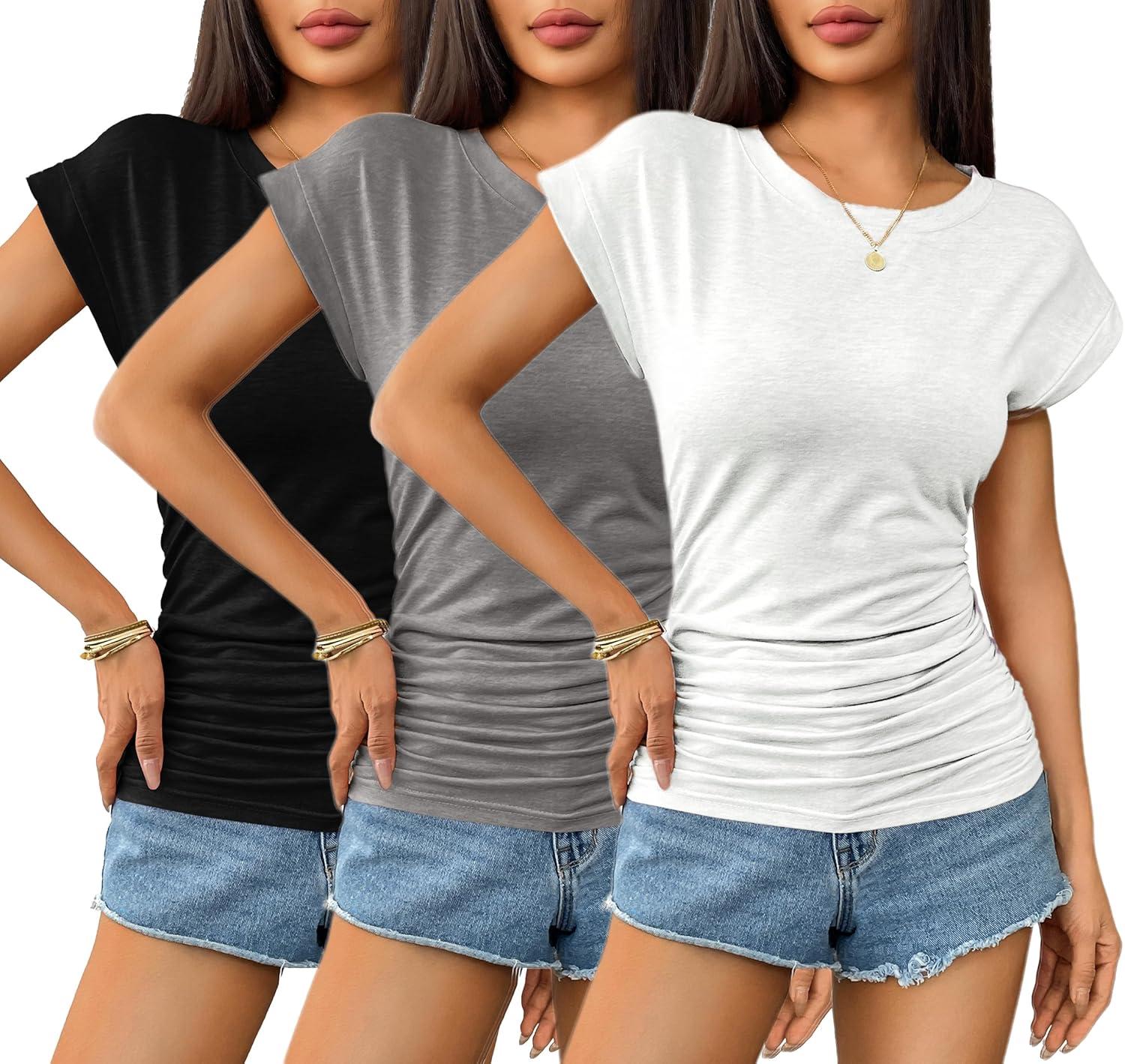 imageZeagoo Womens Cap Short Sleeve TShirts Ruched Crew Neck Trendy Fashion Tunic Blouse3pcs Oblack White Light Gray