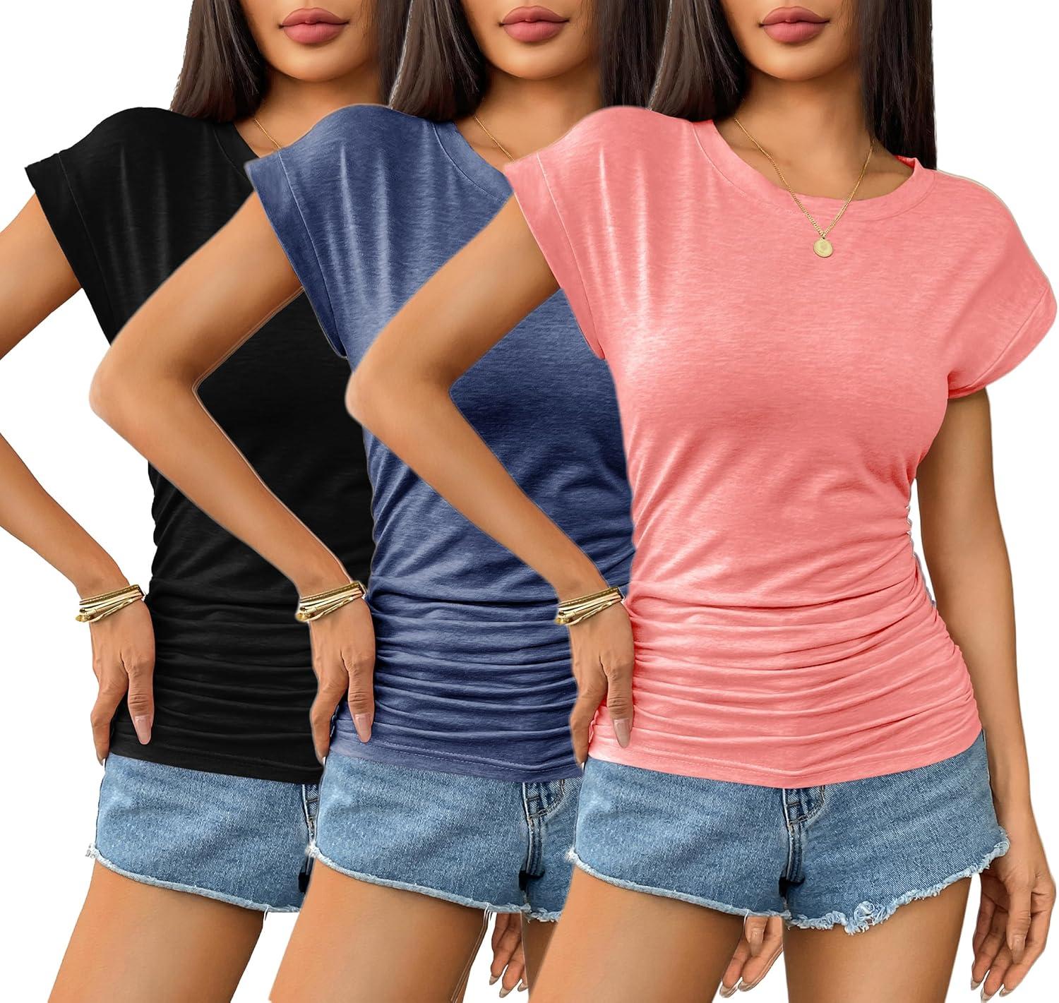 imageZeagoo Womens Cap Short Sleeve TShirts Ruched Crew Neck Trendy Fashion Tunic Blouse3pcs Xtangerine Navy Blue Black