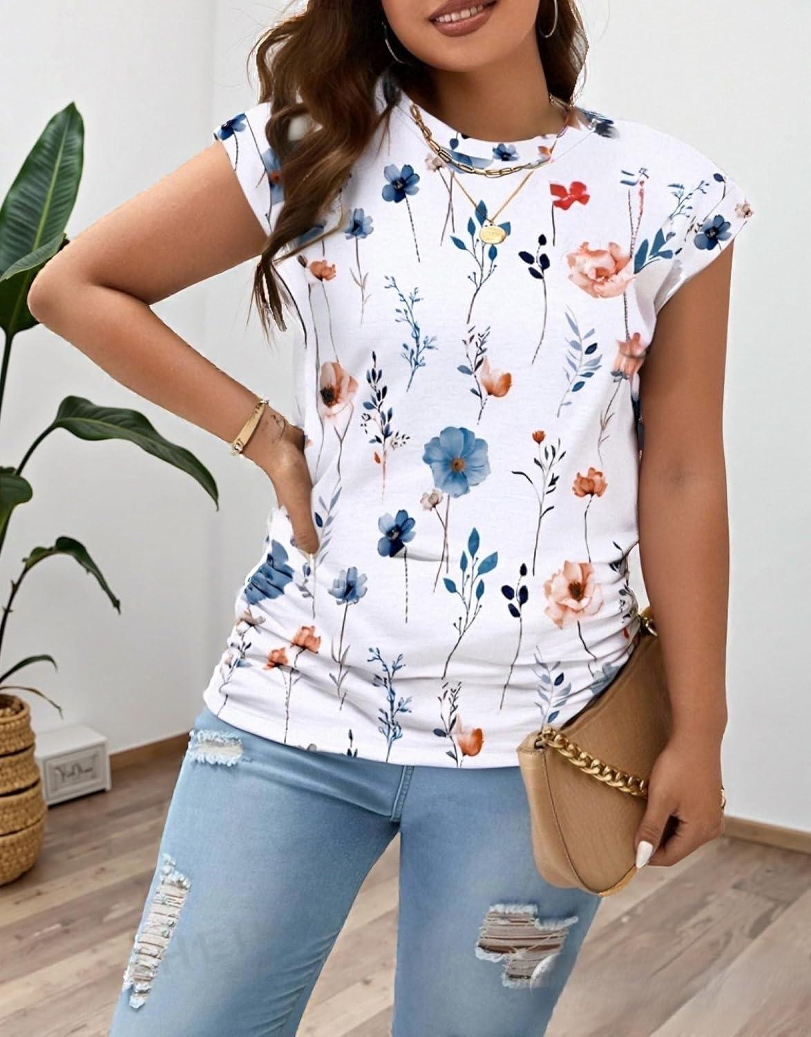 imageZeagoo Womens Cap Short Sleeve TShirts Ruched Crew Neck Trendy Fashion Tunic Blouse3pcs Yflower White Pink Black