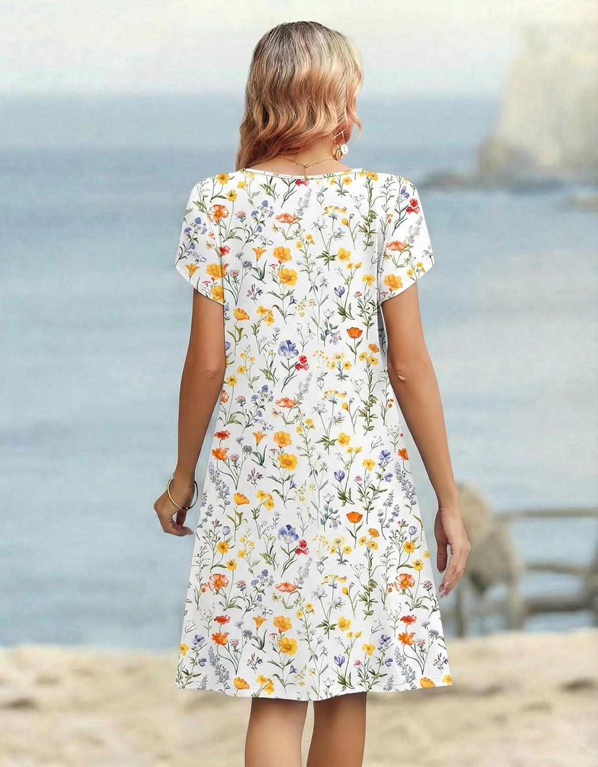 imageZeagoo Womens Casual Dresses with Pockets Summer Floral VNeck ALine Tshirt Dress Short Sleeve Mini Dress Beach SundressA01white Floral