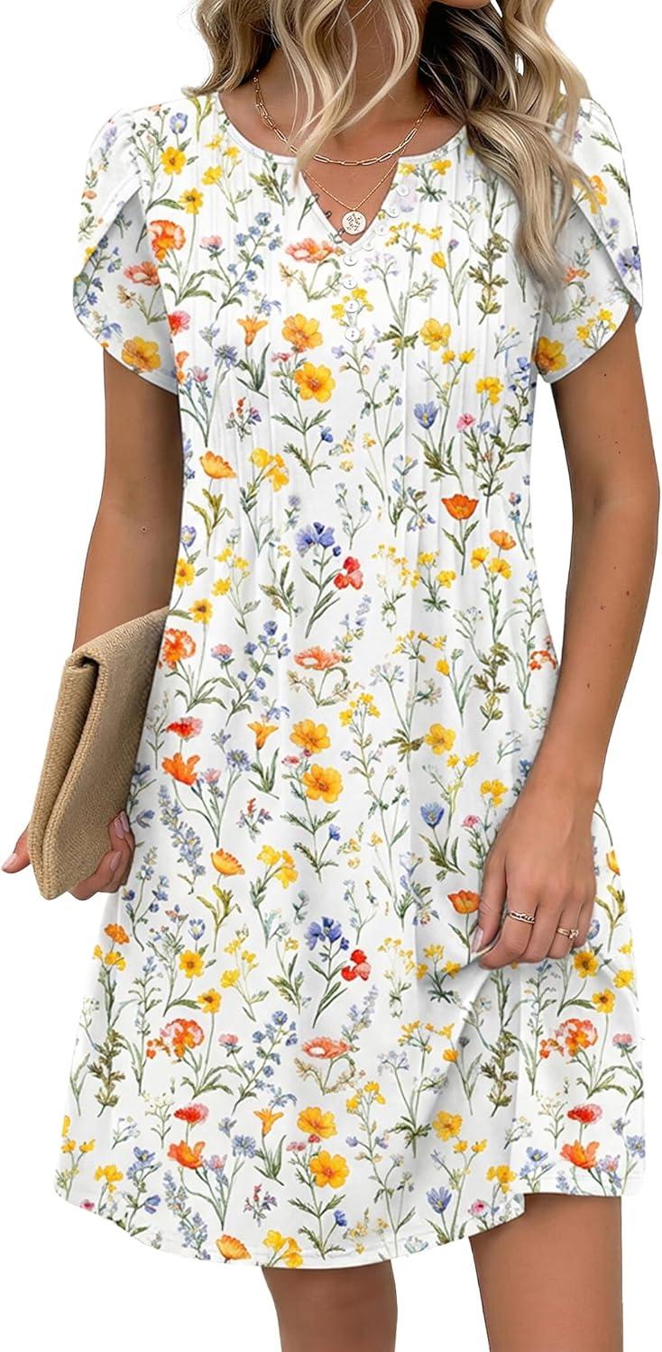 imageZeagoo Womens Casual Dresses with Pockets Summer Floral VNeck ALine Tshirt Dress Short Sleeve Mini Dress Beach SundressA01white Floral
