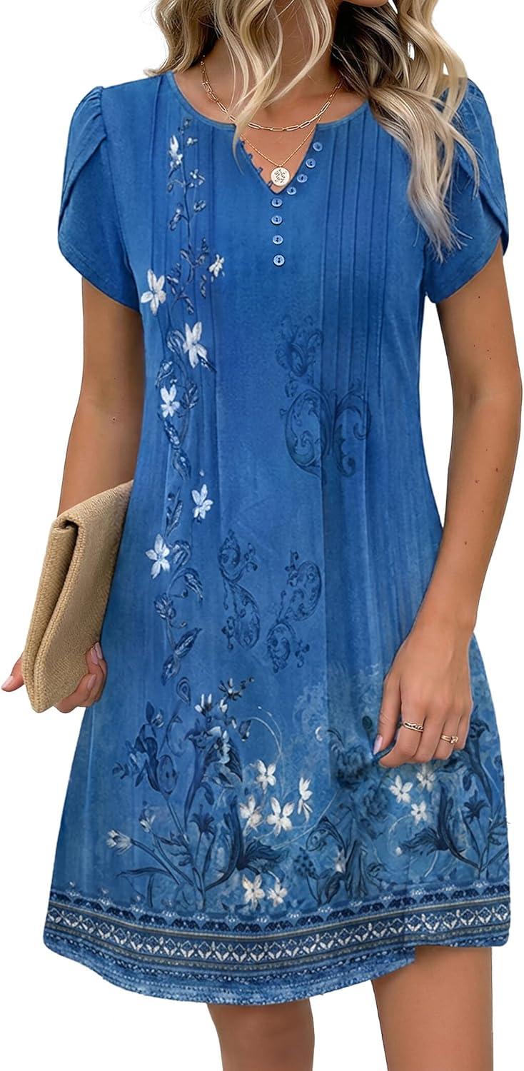 imageZeagoo Womens Casual Dresses with Pockets Summer Floral VNeck ALine Tshirt Dress Short Sleeve Mini Dress Beach SundressA02blue Floral
