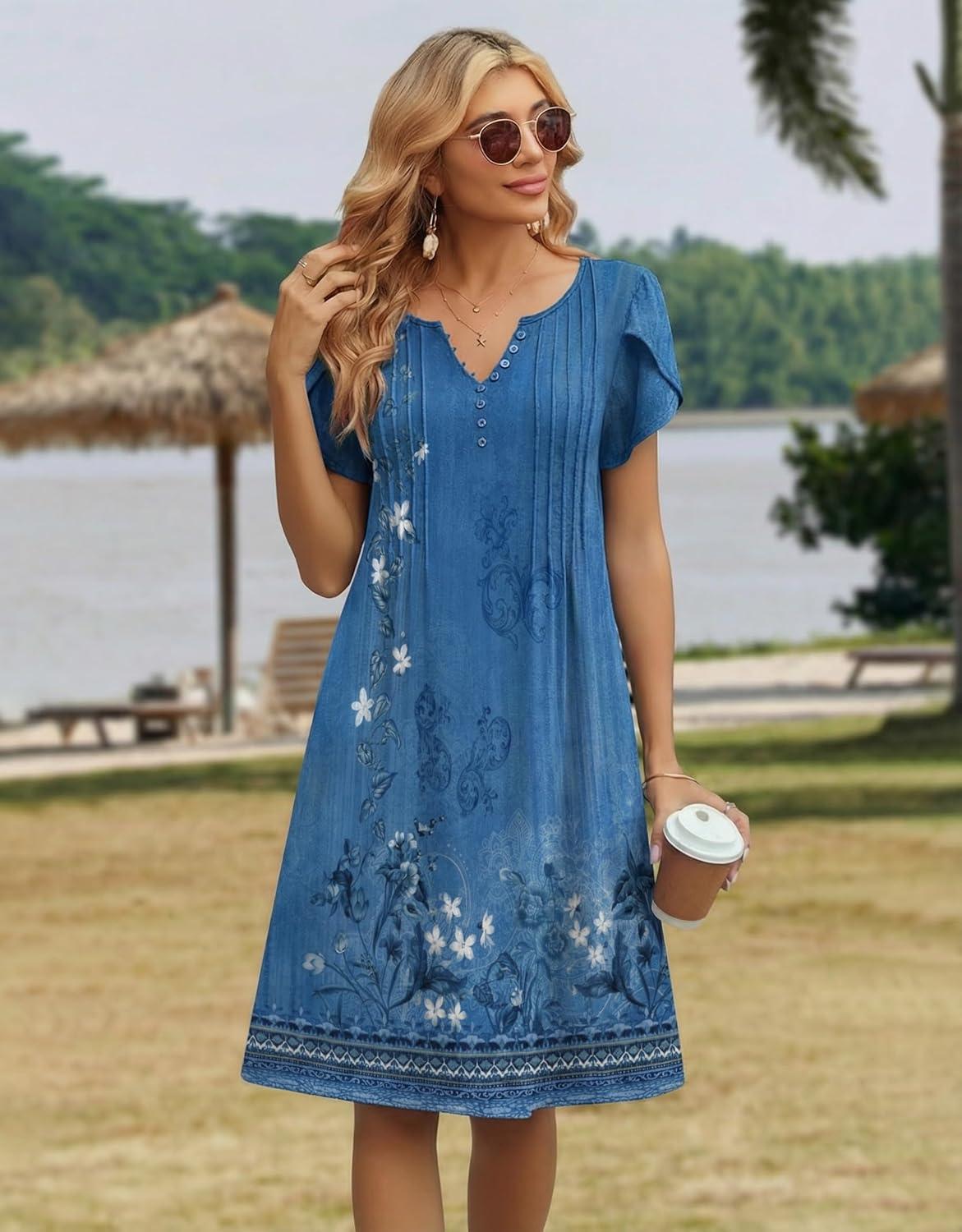 imageZeagoo Womens Casual Dresses with Pockets Summer Floral VNeck ALine Tshirt Dress Short Sleeve Mini Dress Beach SundressA02blue Floral
