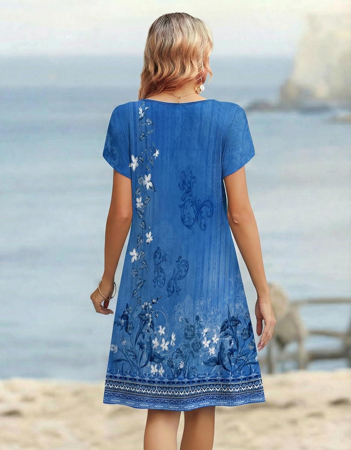 imageZeagoo Womens Casual Dresses with Pockets Summer Floral VNeck ALine Tshirt Dress Short Sleeve Mini Dress Beach SundressA02blue Floral