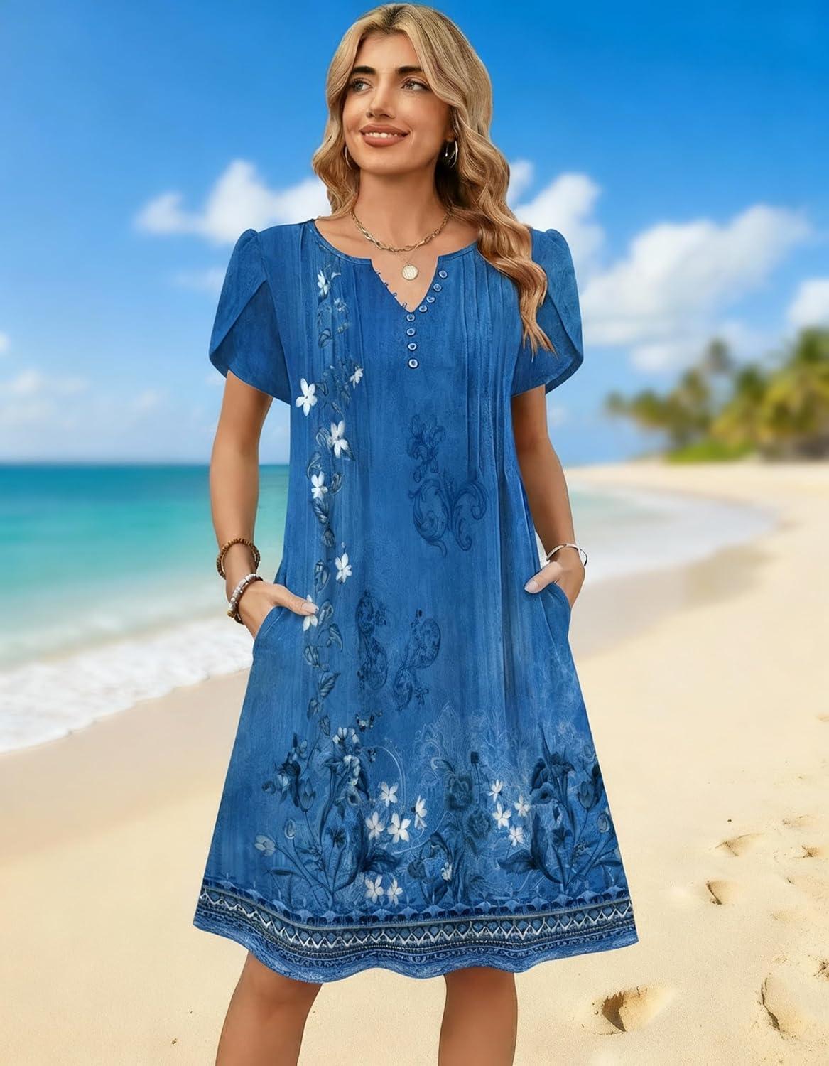 imageZeagoo Womens Casual Dresses with Pockets Summer Floral VNeck ALine Tshirt Dress Short Sleeve Mini Dress Beach SundressA02blue Floral