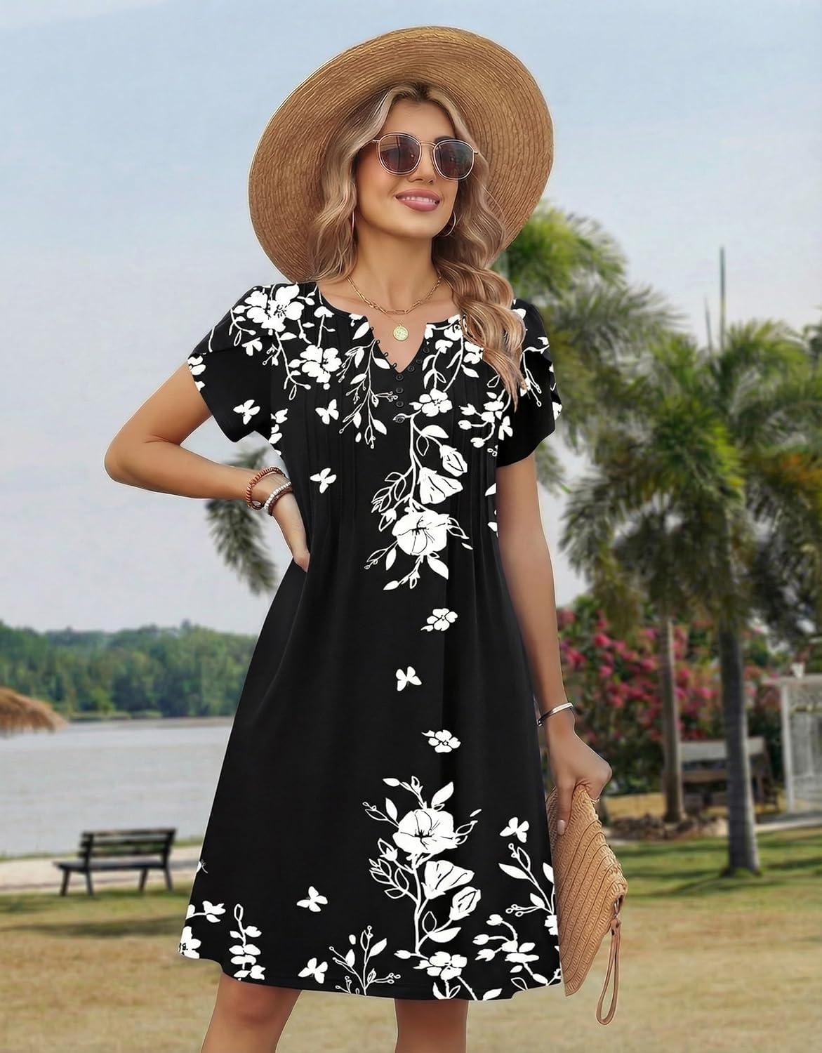 imageZeagoo Womens Casual Dresses with Pockets Summer Floral VNeck ALine Tshirt Dress Short Sleeve Mini Dress Beach SundressA03black Floral