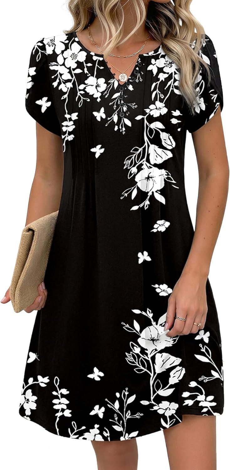 imageZeagoo Womens Casual Dresses with Pockets Summer Floral VNeck ALine Tshirt Dress Short Sleeve Mini Dress Beach SundressA03black Floral