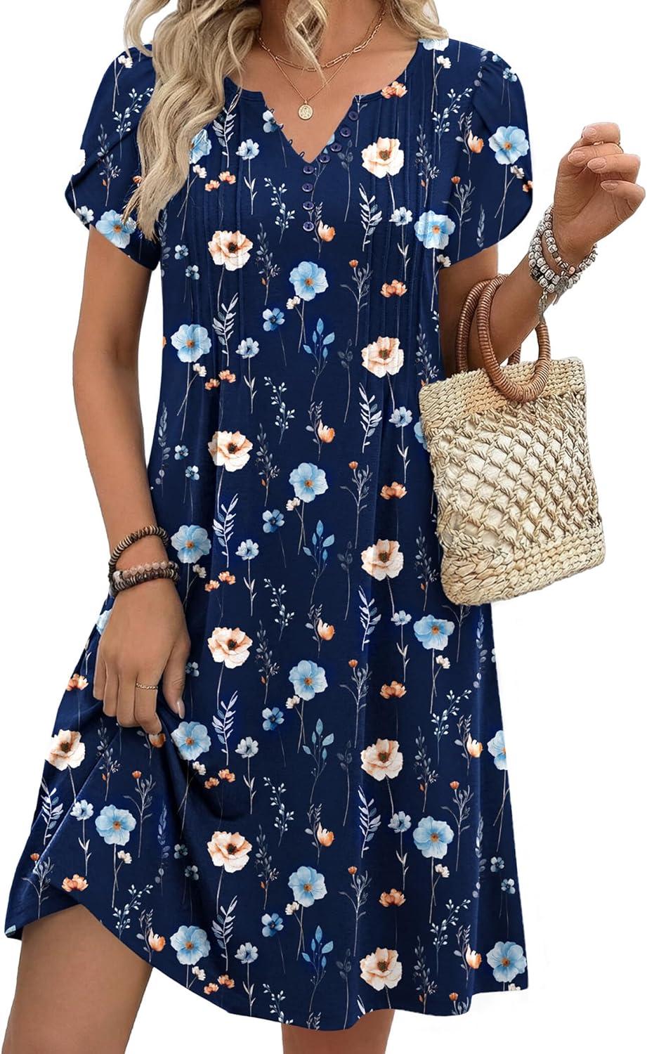 imageZeagoo Womens Casual Dresses with Pockets Summer Floral VNeck ALine Tshirt Dress Short Sleeve Mini Dress Beach SundressNavy Blue Floral