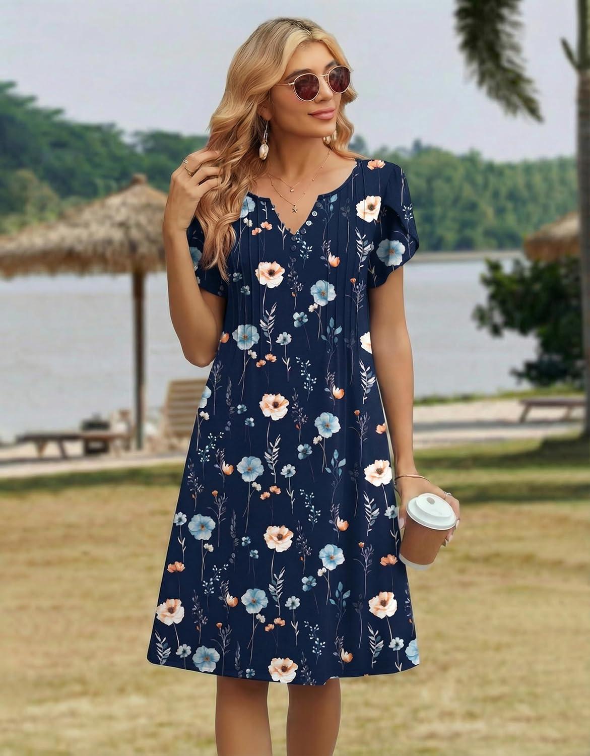 imageZeagoo Womens Casual Dresses with Pockets Summer Floral VNeck ALine Tshirt Dress Short Sleeve Mini Dress Beach SundressNavy Blue Floral