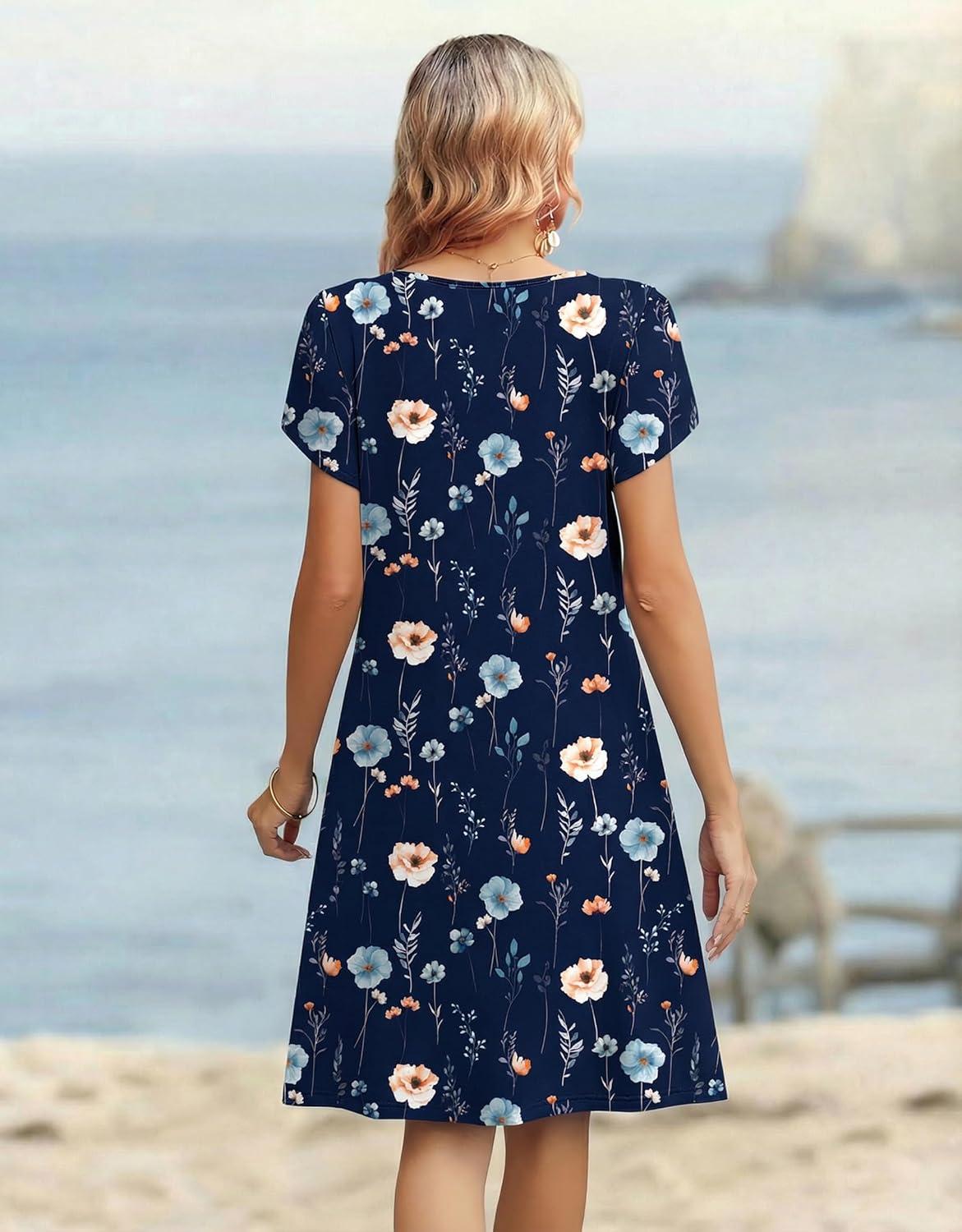 imageZeagoo Womens Casual Dresses with Pockets Summer Floral VNeck ALine Tshirt Dress Short Sleeve Mini Dress Beach SundressNavy Blue Floral