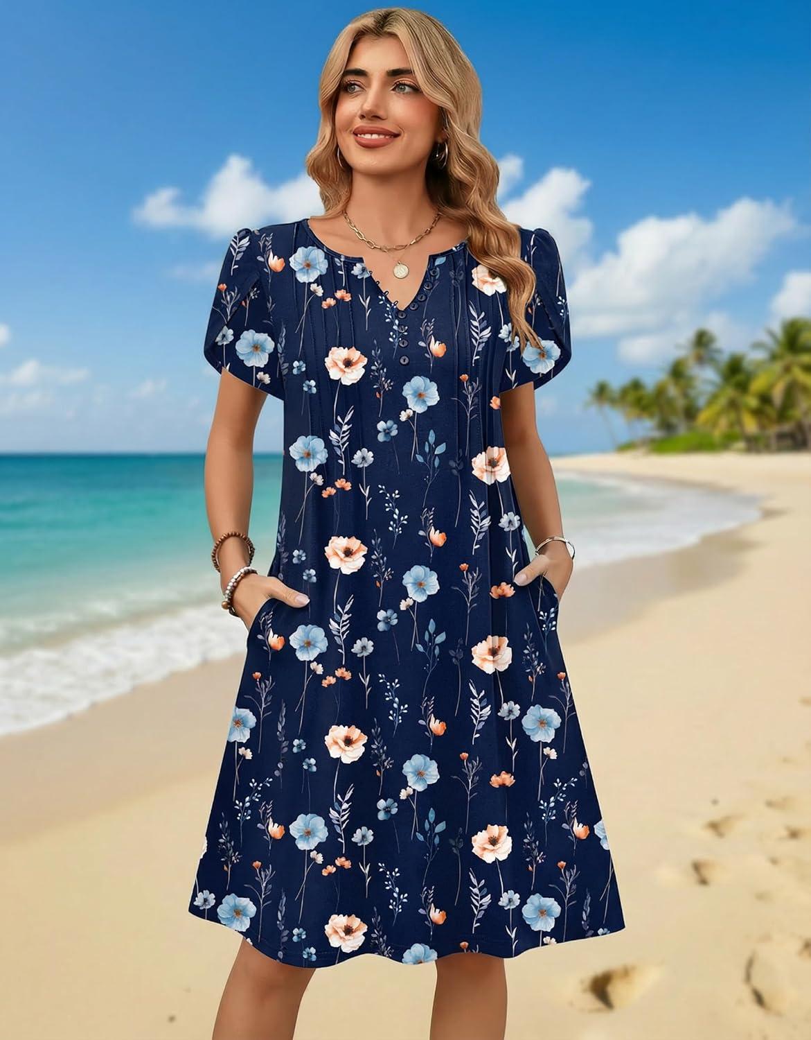 imageZeagoo Womens Casual Dresses with Pockets Summer Floral VNeck ALine Tshirt Dress Short Sleeve Mini Dress Beach SundressNavy Blue Floral