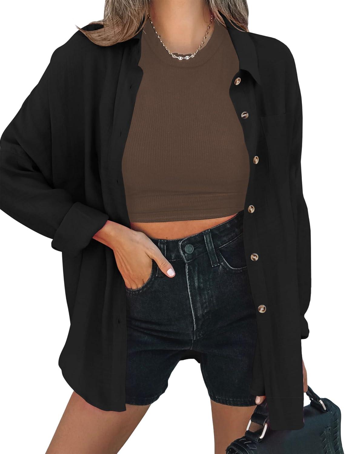 imageZeagoo Womens Color Block Button Down Shirts Long Sleeve Linen Shirt Oversized Cotton Blouses Tops with Bust PocketS Black