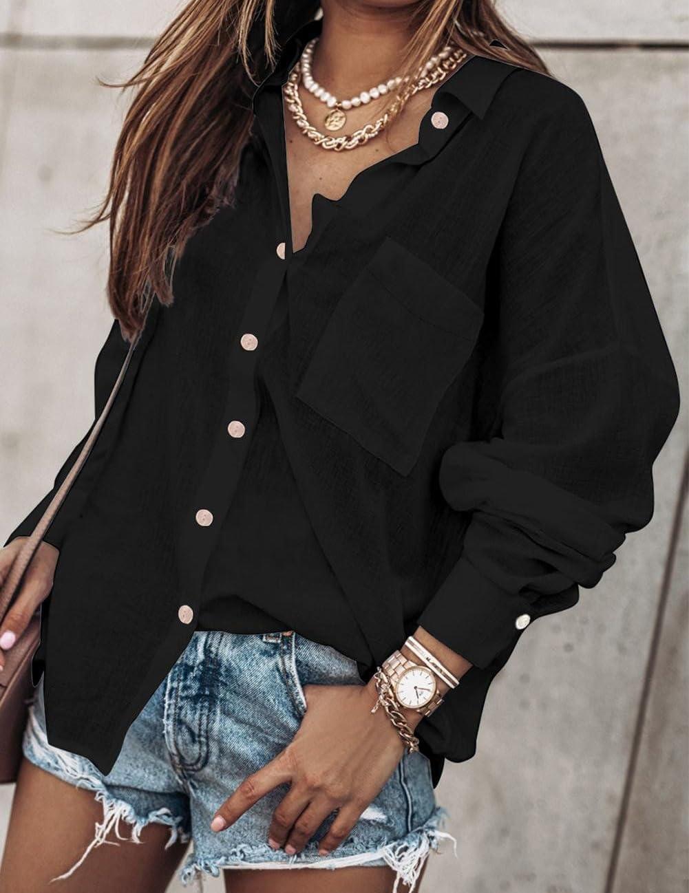 imageZeagoo Womens Color Block Button Down Shirts Long Sleeve Linen Shirt Oversized Cotton Blouses Tops with Bust PocketS Black