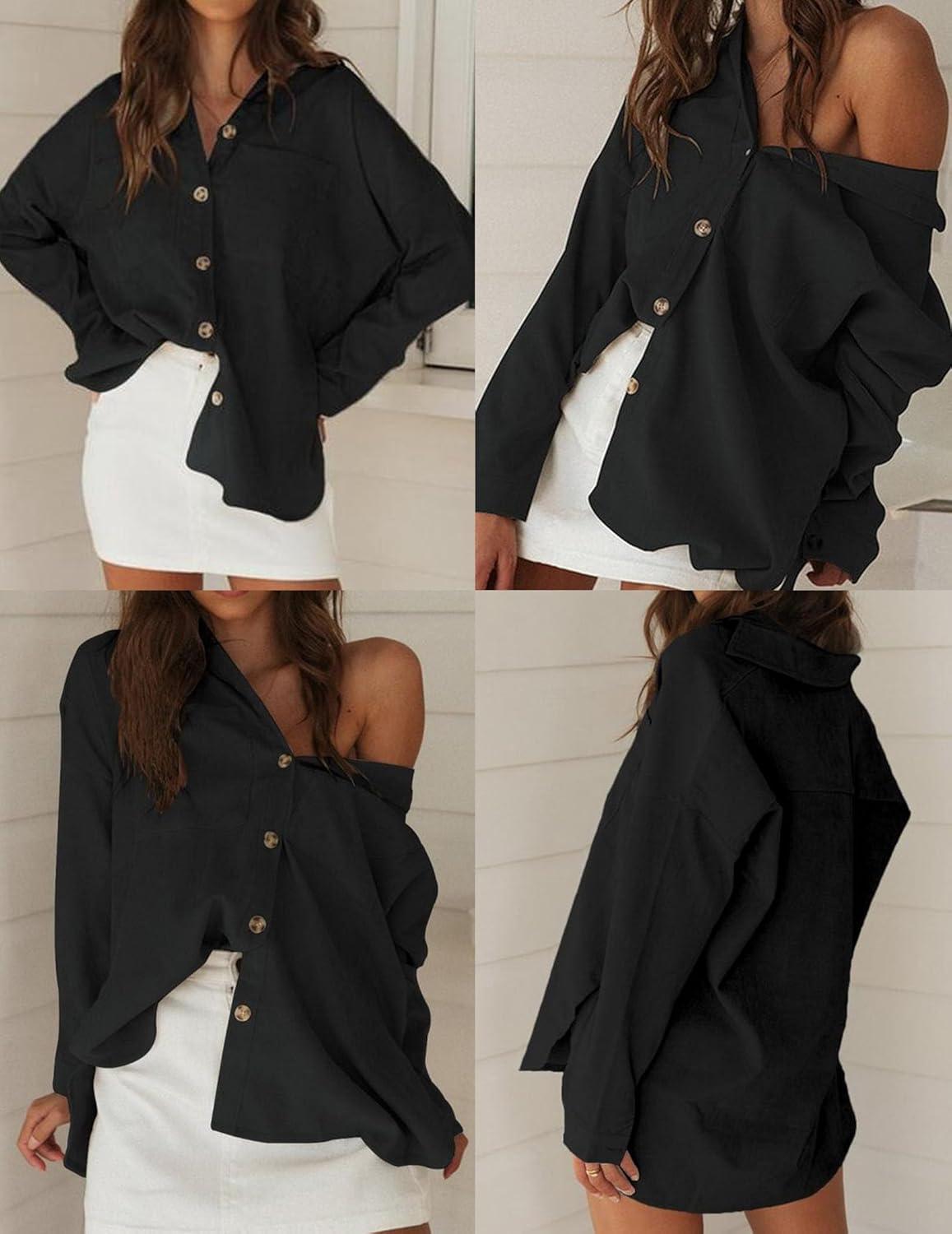 imageZeagoo Womens Color Block Button Down Shirts Long Sleeve Linen Shirt Oversized Cotton Blouses Tops with Bust PocketS Black