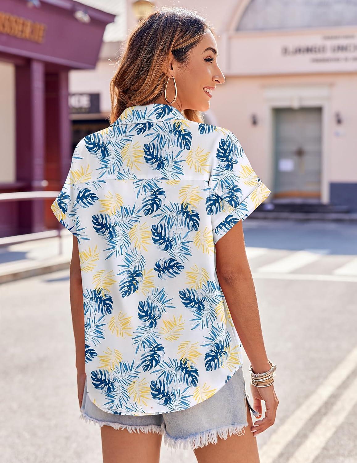 imageZeagoo Womens Hawaiian Button Down Shirts Casual Short Sleeve Floral Tropical Print Summer Blouse Tunic TopZw37