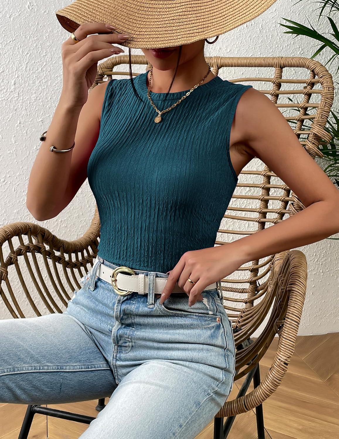 imageZeagoo Womens High Neck Tank Top 2026 Summer Casual Ribbed Knit Slim Fitted Basic Textured Sleeveless ShirtsBlue Green
