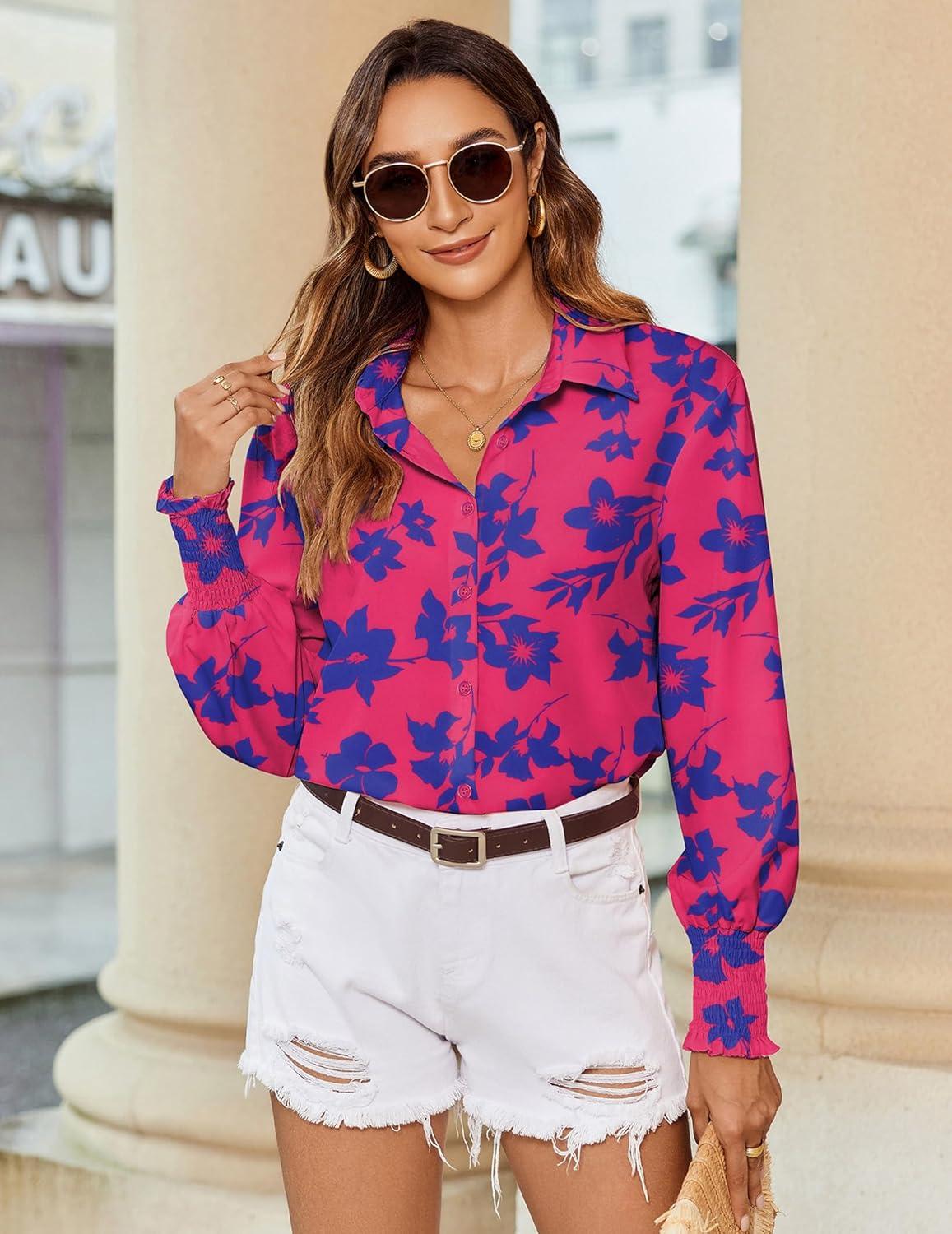 imageZeagoo Womens Loose Fit Striped Lantern Long Sleeve Button Down ShirtBpink Blue