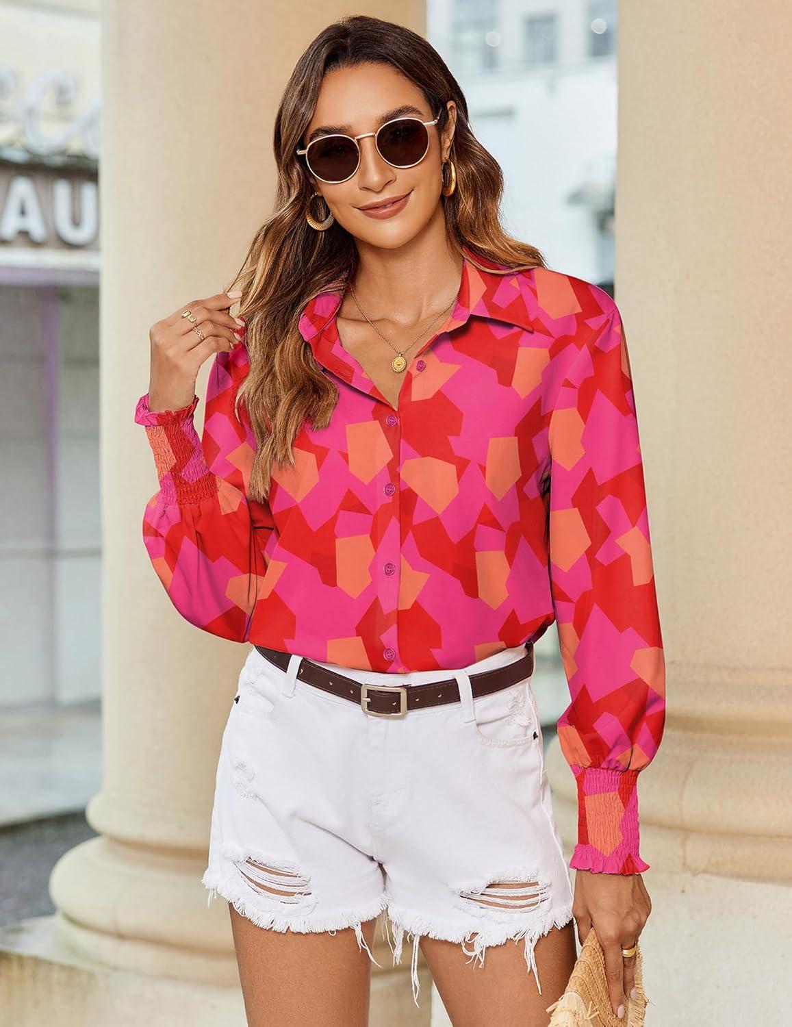 imageZeagoo Womens Loose Fit Striped Lantern Long Sleeve Button Down ShirtBpink Red
