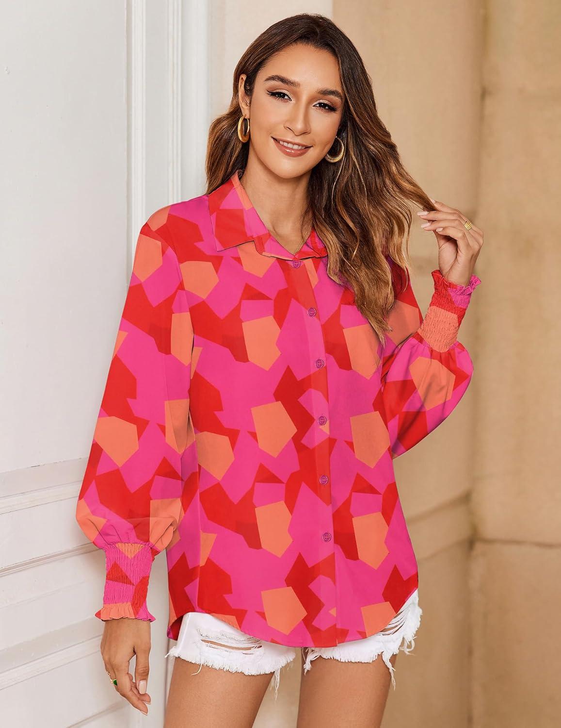 imageZeagoo Womens Loose Fit Striped Lantern Long Sleeve Button Down ShirtBpink Red