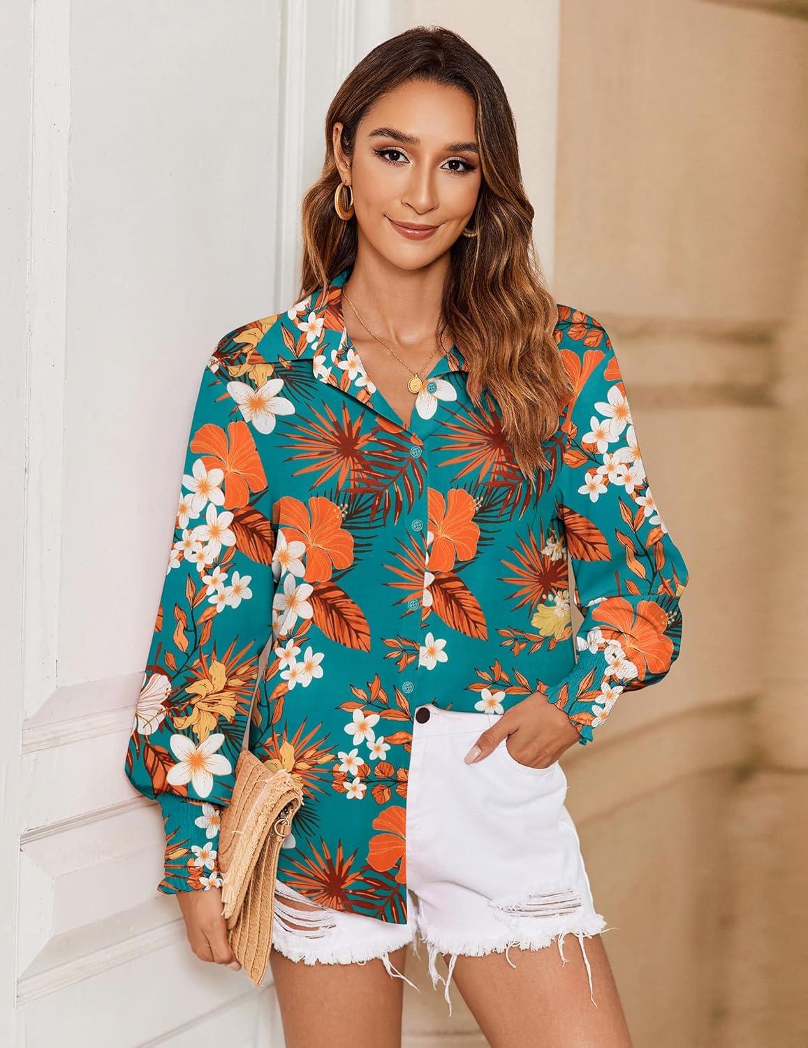 imageZeagoo Womens Loose Fit Striped Lantern Long Sleeve Button Down ShirtBvintage Floral