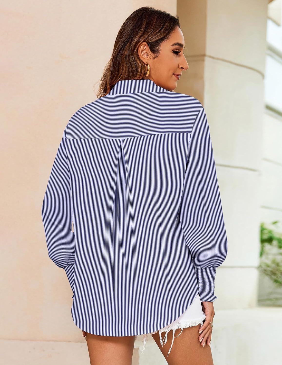 imageZeagoo Womens Loose Fit Striped Lantern Long Sleeve Button Down ShirtCdark Blue Stripe