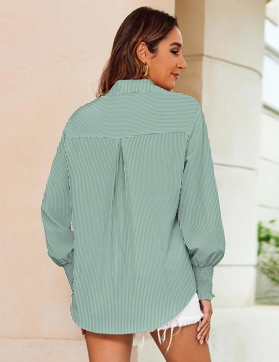 imageZeagoo Womens Loose Fit Striped Lantern Long Sleeve Button Down ShirtCgreen Stripe