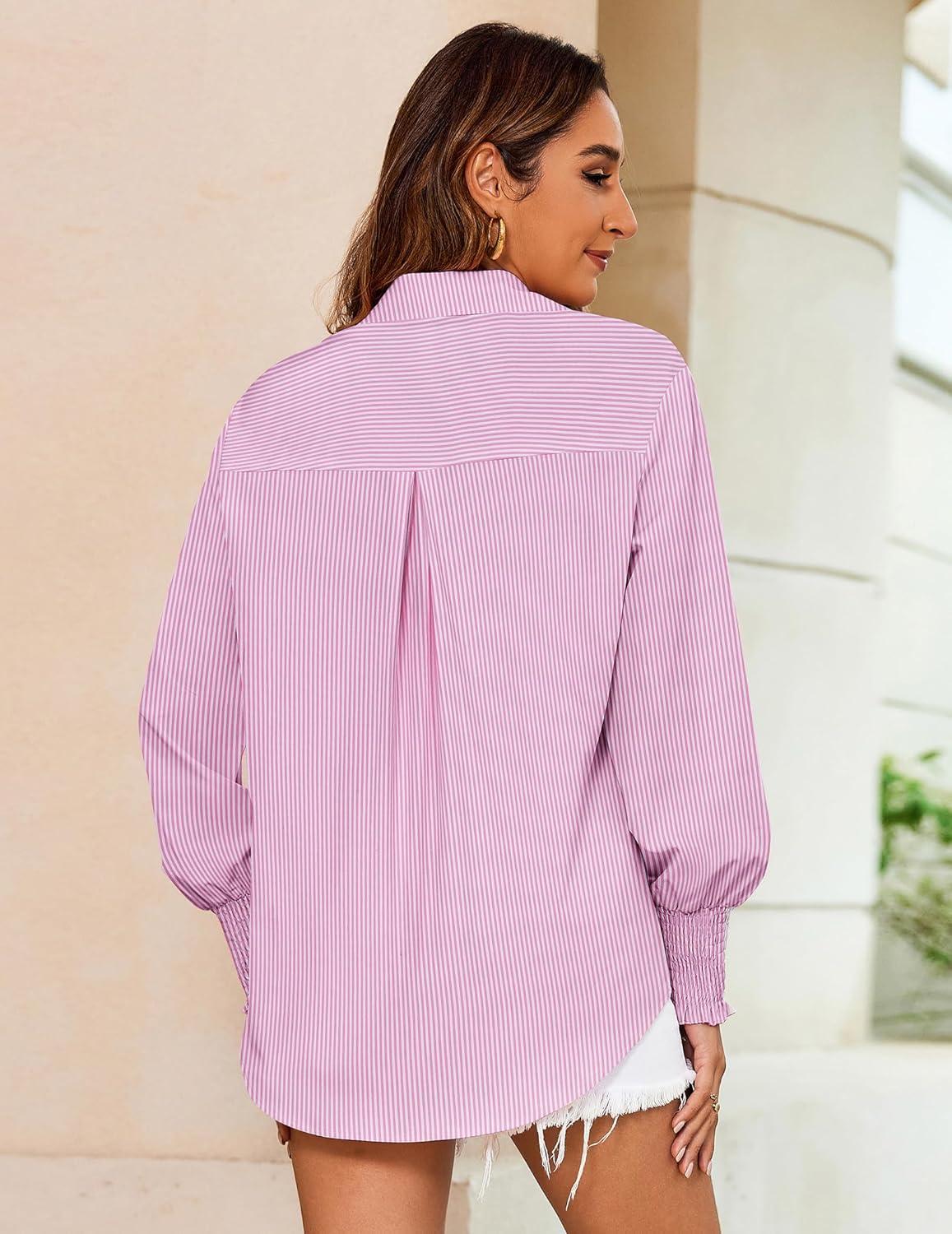 imageZeagoo Womens Loose Fit Striped Lantern Long Sleeve Button Down ShirtCpink Stripe
