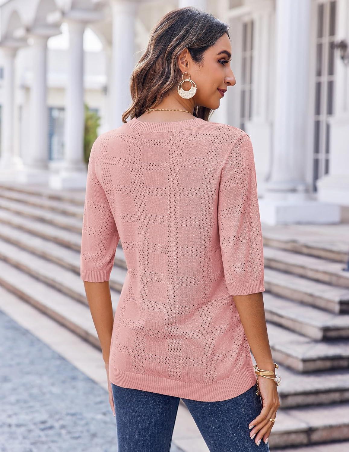 imageZeagoo Womens Loose Short Sleeve Tunic Tops Lightweight Crew Neck Crochet Knit Pullover Sweater BlousesPink