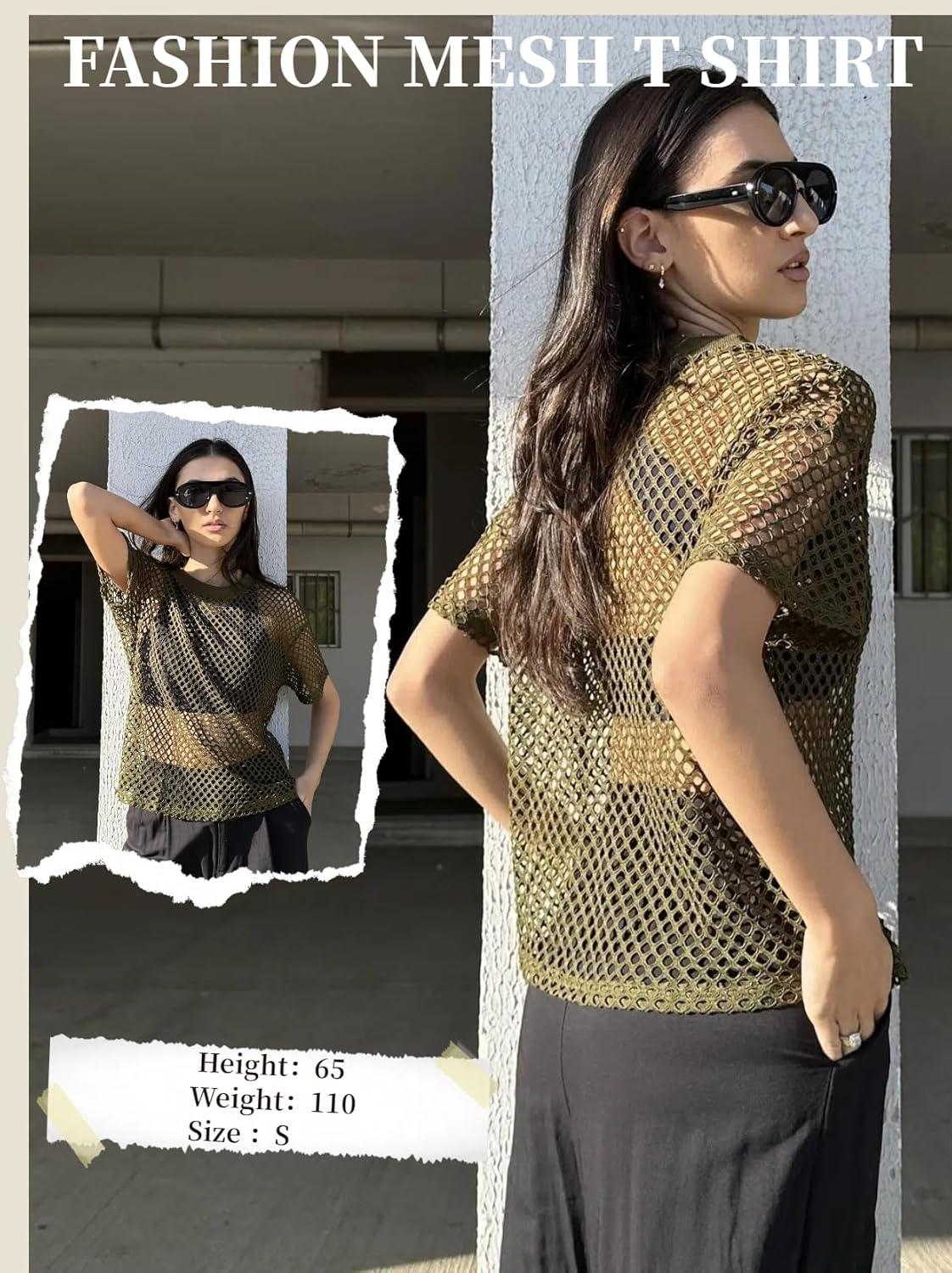 imageZeagoo Womens Mesh T Shirts Short Sleeve Casual Tops Hollow Out Pullover Shirts Crewneck Sexy Fishnet Crop Tee SXXLDark Green