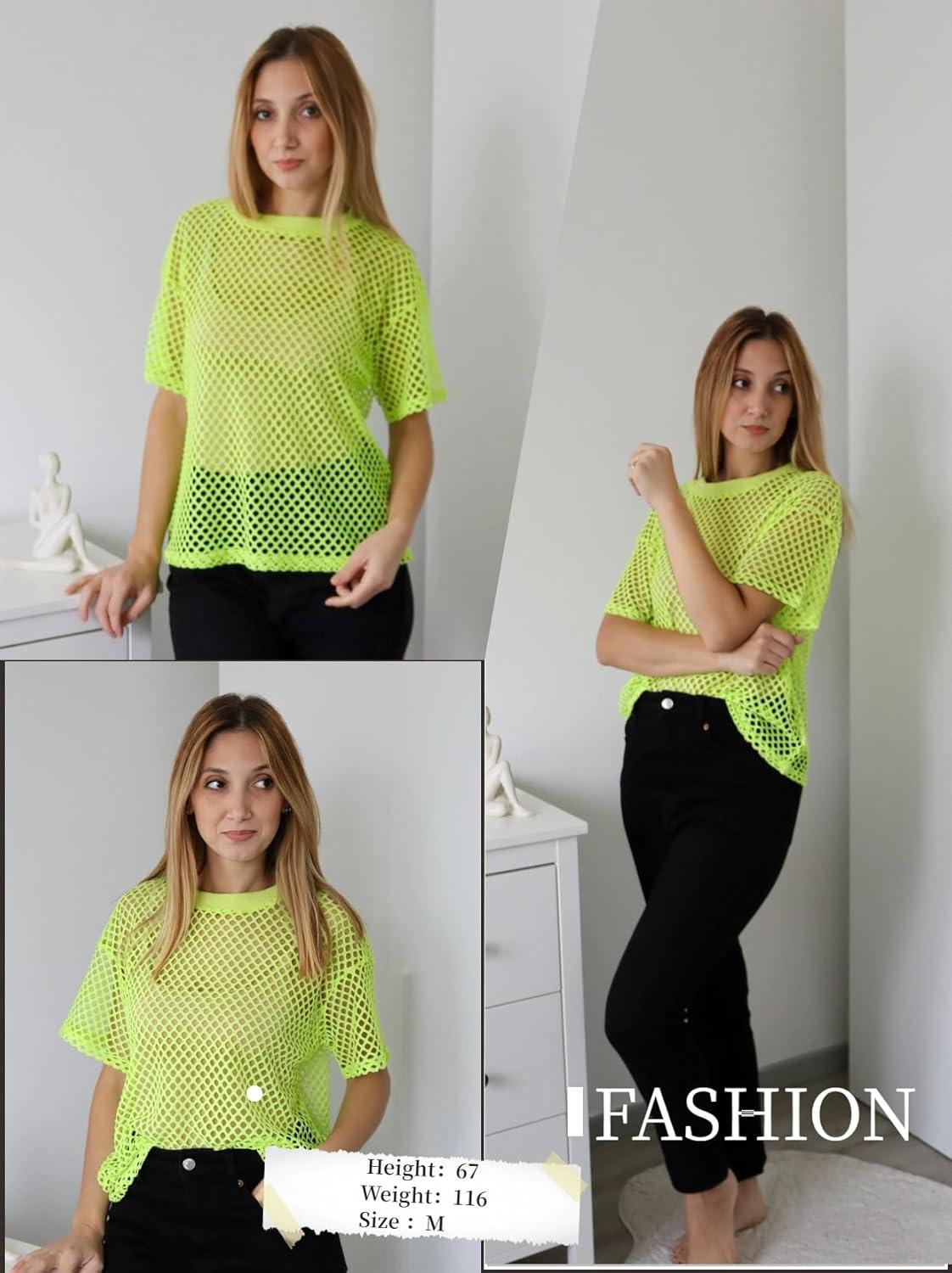 imageZeagoo Womens Mesh T Shirts Short Sleeve Casual Tops Hollow Out Pullover Shirts Crewneck Sexy Fishnet Crop Tee SXXLLemon Green