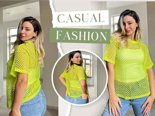 imageZeagoo Womens Mesh T Shirts Short Sleeve Casual Tops Hollow Out Pullover Shirts Crewneck Sexy Fishnet Crop Tee SXXLLemon Green