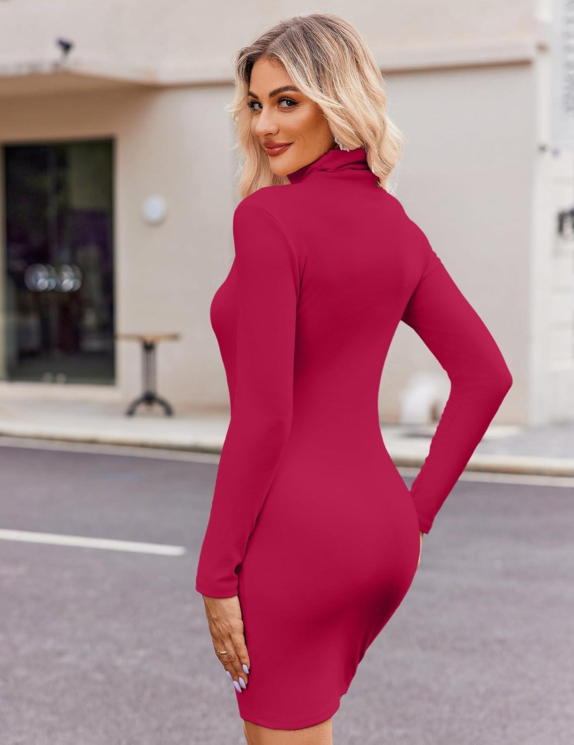 imageZeagoo Womens Sexy Bodycon Dress Long Sleeve Slim Fit Turtleneck Dress Solid Color Party Club Dresses Fall Winter 2024Rose