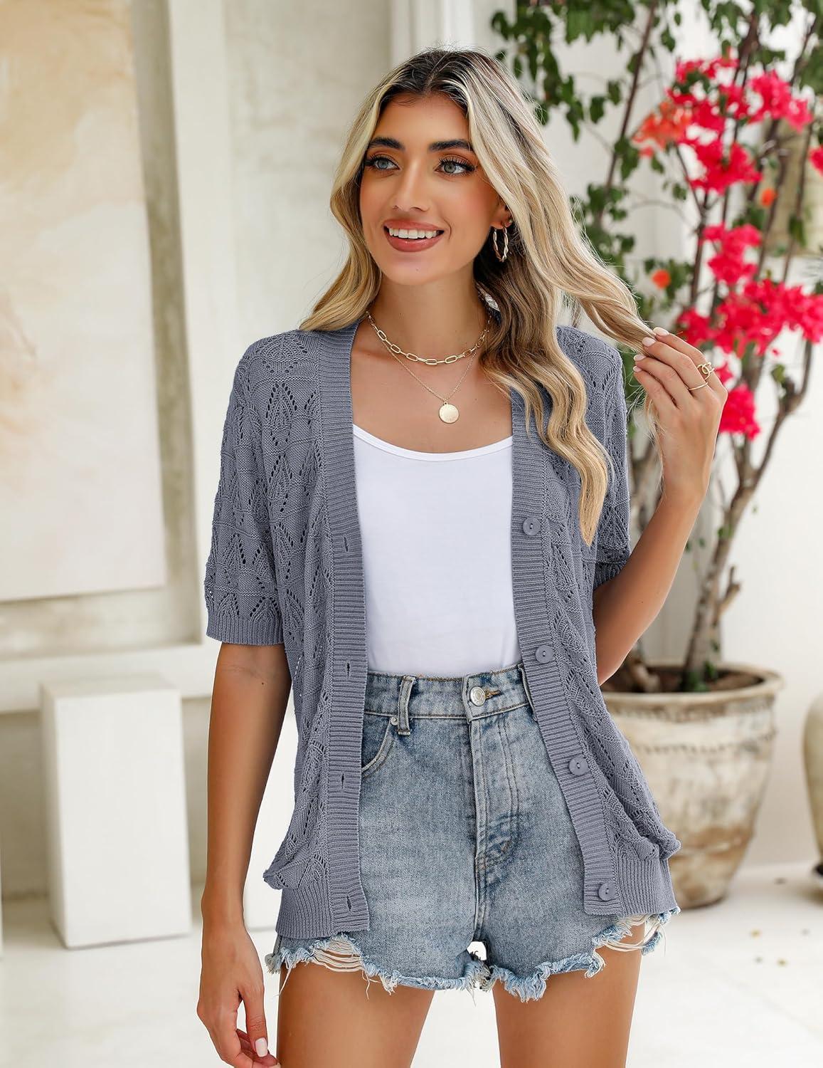 imageZeagoo Womens Short Sleeve 2026 Summer Crochet Cropped Cardigan V Neck Button up Bolero Shrug SweaterGrey Blue
