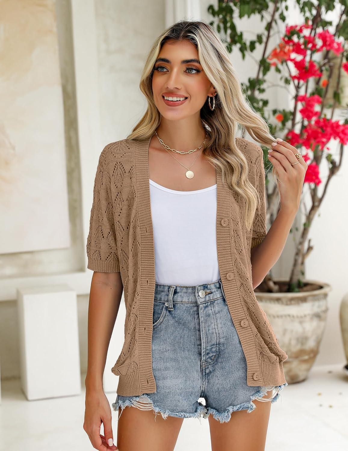 imageZeagoo Womens Short Sleeve 2026 Summer Crochet Cropped Cardigan V Neck Button up Bolero Shrug SweaterKhaki