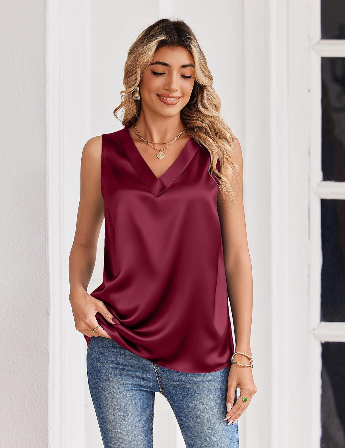 imageZeagoo Womens Silk Satin Tank Tops V Neck Casual Camisoles Sleeveless Business Work Blouses Dressy Summer ShirtsWine Red